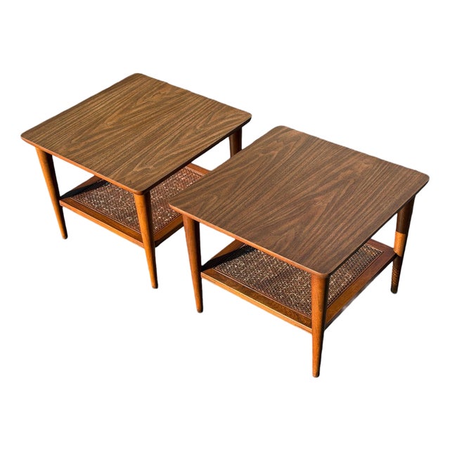 Pair of 1963 Lane Walnut End Tables | Style 1038-18, Formica & Cane For Sale