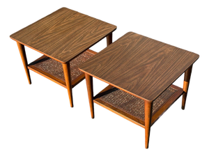 Pair of 1963 Lane Walnut End Tables | Style 1038-18, Formica & Cane