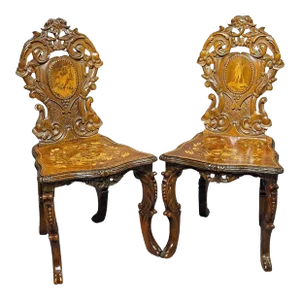 Nutwood Edelweis Marquetry Chairs Swiss Brienz 1900s - A Pair