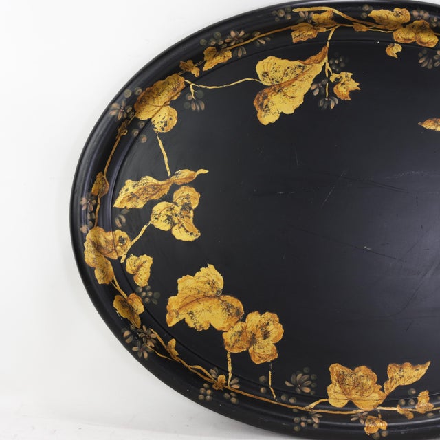 Traditional Antique 19th Century Paper Mache Oval Tray - Black Lacquer With Hand Painted Gold Gilt Ivy Design For Sale - Image 3 of 14