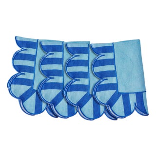 Jardin Embroidered Linen Scalloped Stripe Napkins in Blue, Set of 4 For Sale
