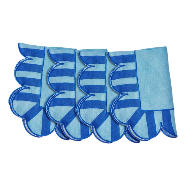 Jardin Embroidered Linen Scalloped Stripe Napkins in Blue, Set of 4 For Sale