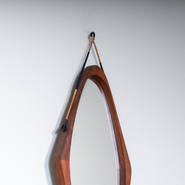 Wall Mirror with Wooden Frame and Rope, 1960s, in Good conditions. Designed 1950 to 1959
