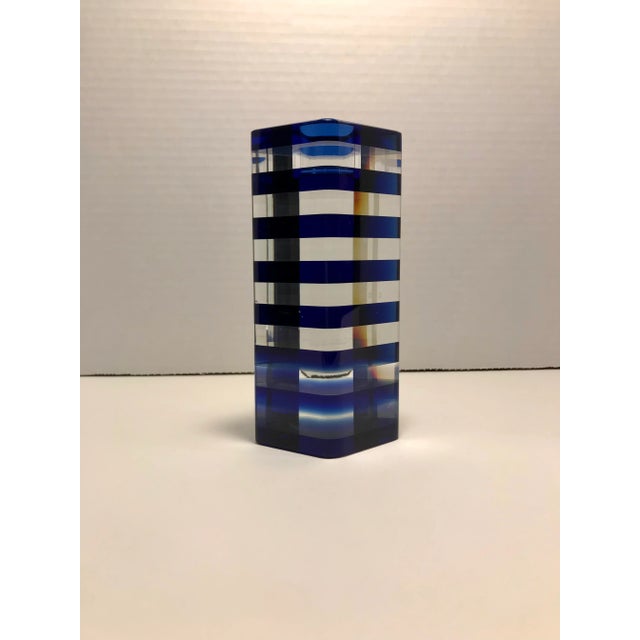 Mid-Century Cobalt Blue Stripes Hand Blown Art Glass Candle Holder Excellent condition! No chips or cracks!