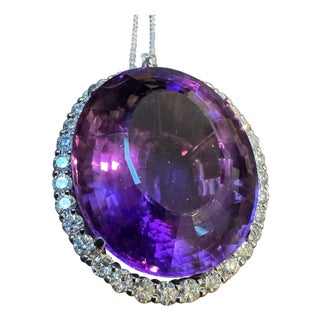 80 Carat Amethyst & 3.5 ct Diamond Pendant Necklace 14 Karat White Gold + Chain For Sale