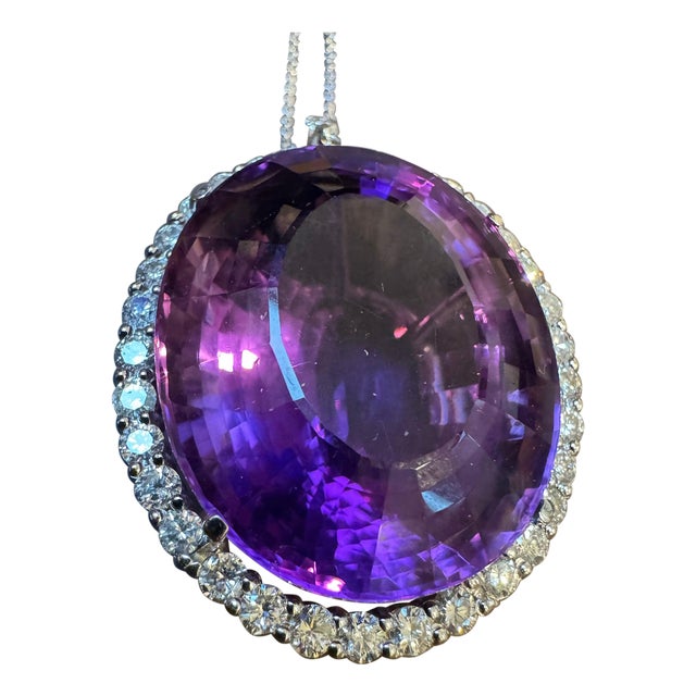 80 Carat Amethyst & 3.5 ct Diamond Pendant Necklace 14 Karat White Gold + Chain For Sale