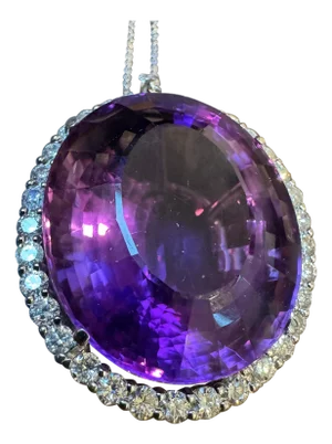 80 Carat Amethyst & 3.5 ct Diamond Pendant Necklace 14 Karat White Gold + Chain