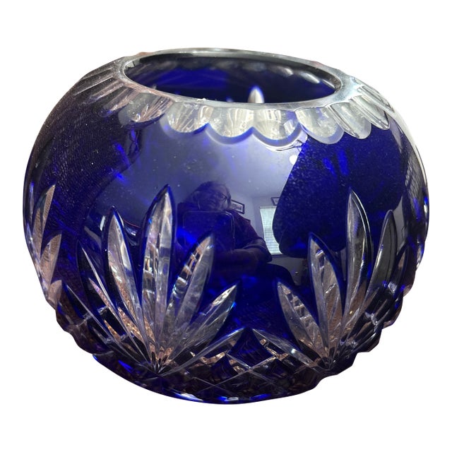 Cobalt Blue Cut to Clear Crystal Rose Bowl For Sale