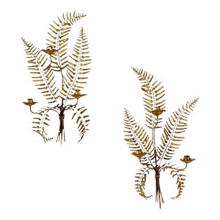 1960s Pair of Italian Mid Century Modern Gilt Metal Fern Design Candle Sconces For Sale