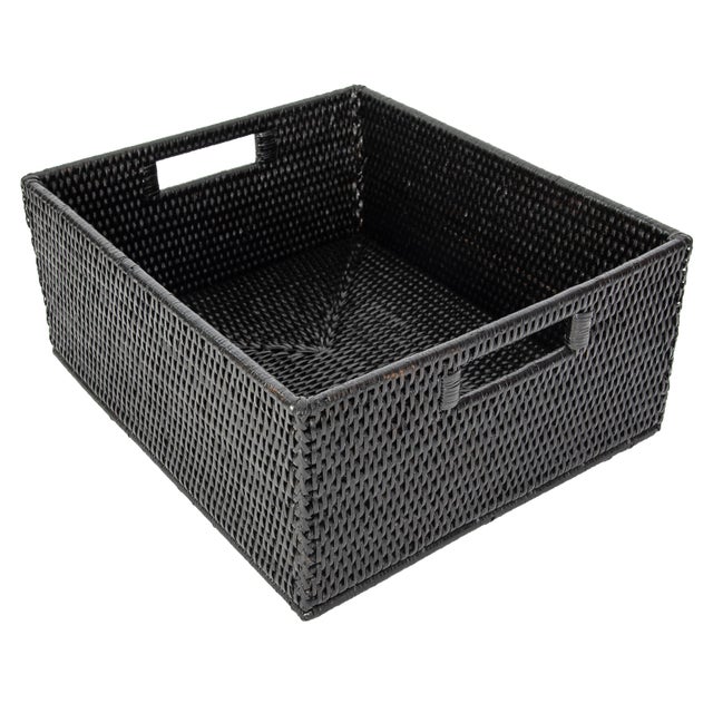 2020s Artifacts Rattan Rectangular Basket with Cutout Handles in Tudor Black - 14" For Sale - Image 5 of 10