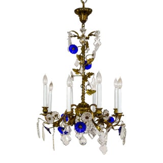 1910s Indigo Blue Crystal Flowers & Gilt Vine Chandelier For Sale