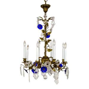 1910s Indigo Blue Crystal Flowers & Gilt Vine Chandelier