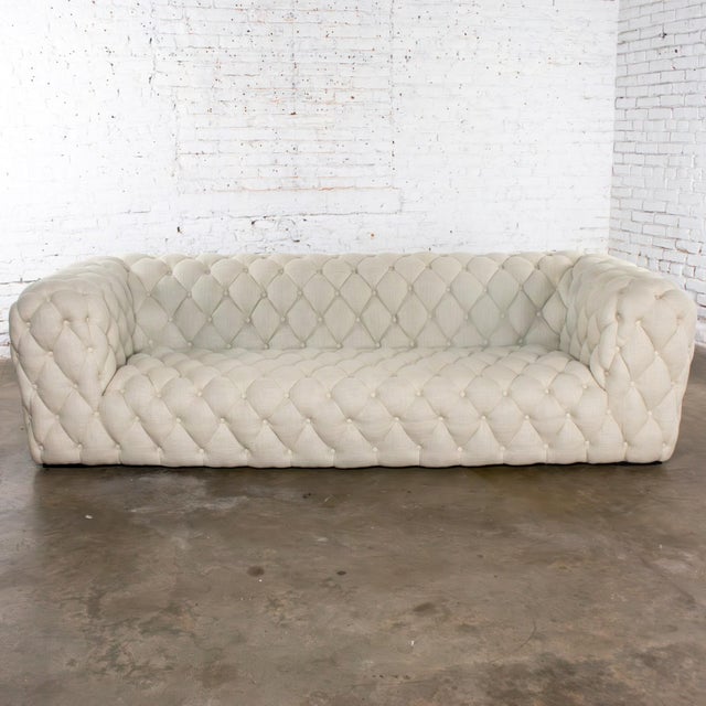 Paola Navone Late 20th to Early 21st Century Modern Chesterfield Style Diamond Tucked Sofa With Beige Twill Fabric Style of Paola Navone For Sale - Image 4 of 18