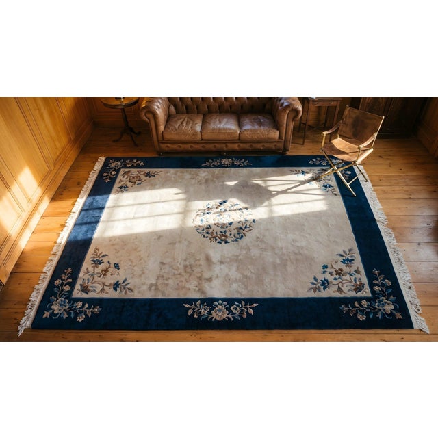 1920s Gray Solid Open Fiel Antique Chinese Peking Carpet 9'2" X 11'10" Knotted Wool Rug For Sale - Image 15 of 15