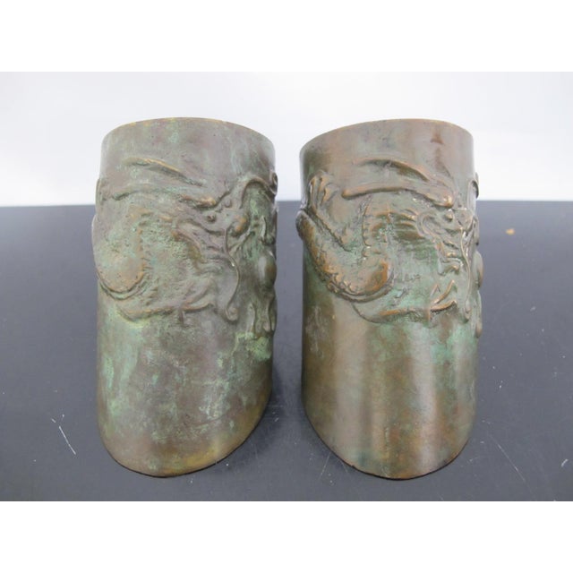 Chinese Bronze Dragon With Pearl Hoof Shaped Brush Cup Paperweight Pair For Sale - Image 4 of 18