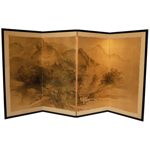 1960s Shōwa Era Japanese Byobu Screen "Landscape With Bridge" on Gold Background For Sale - Image 4 of 18