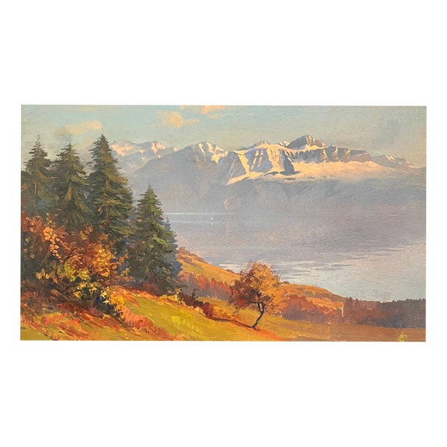 Charles Parisod, Lake and Mountains, 1925, Oil on Wood Panel For Sale