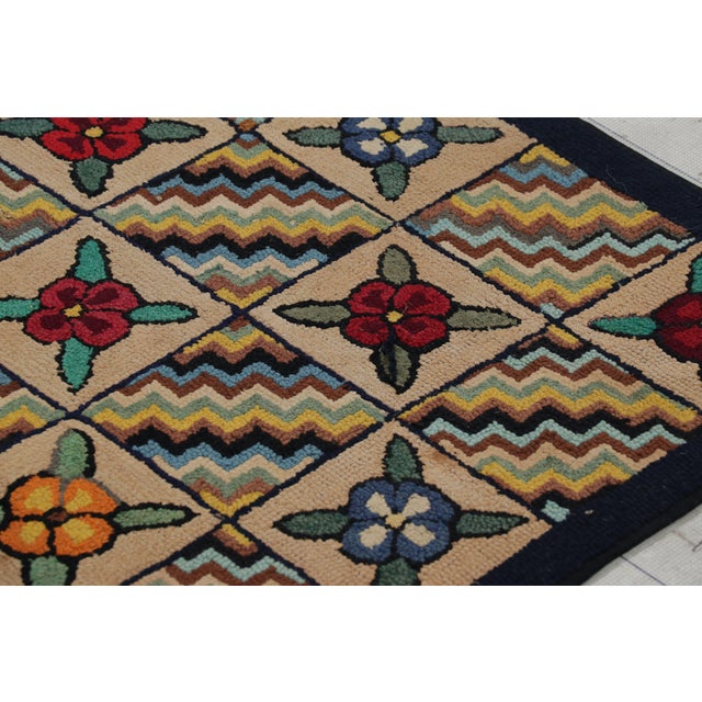 Rug & Kilim Antique Hooked Runner in Brown With Floral Patterns & Chevrons | Rug & Kilim For Sale - Image 4 of 7