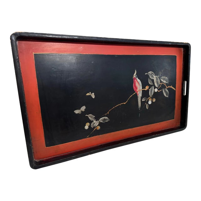 Asian Chinoiserie Black Lacquer Hand Painted Double Handled Tray For Sale