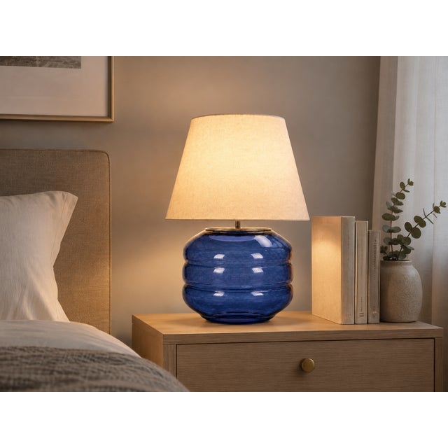 Contemporary Hand-Blown Glass Table Lamp with Linen Shade in Azure by Svitanok For Sale - Image 3 of 4