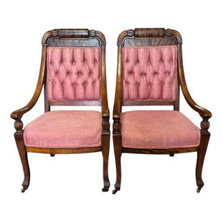 Antique Empire Style Walnut Armchairs With Pink Tufted Upholstery, a Pair For Sale