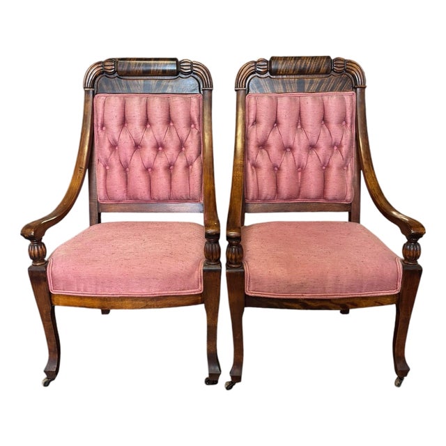 Antique Empire Style Walnut Armchairs With Pink Tufted Upholstery, a Pair For Sale