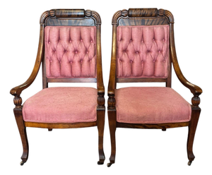 Antique Empire Style Walnut Armchairs With Pink Tufted Upholstery, a Pair