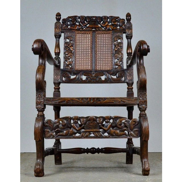 Wood Set of Charles II Hand Carved Walnut Armchairs, 1900 For Sale - Image 7 of 13