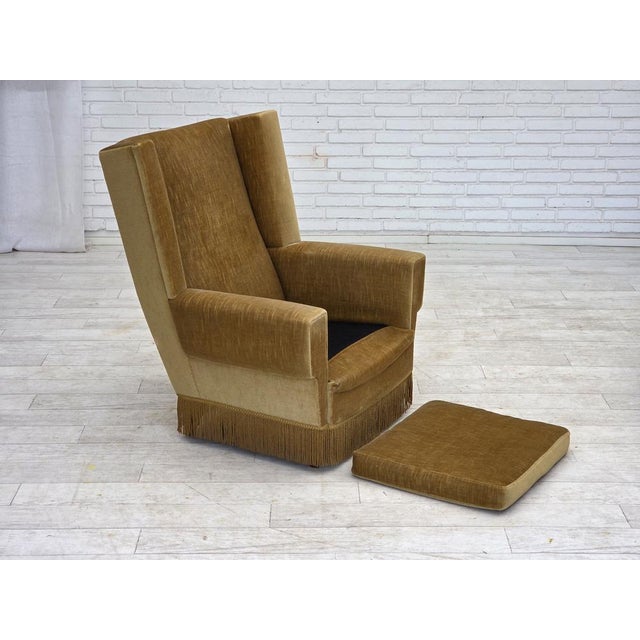 1970s Vintage Danish Highback Chair in Yellow Furniture Velour, 1970s For Sale - Image 5 of 18