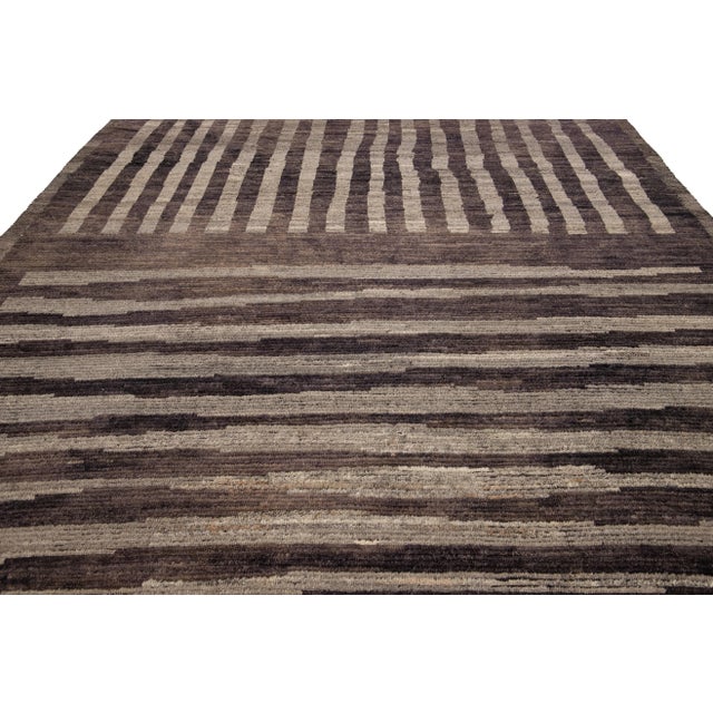 Moroccan Modern Moroccan Style Brown Handmade Striped Motif Wool Rug For Sale - Image 3 of 9