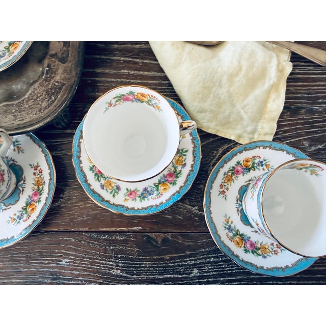 Mid 20th Century Vintage Crown Staffordshire Lyric Tunis Blue Fine Bone China – 6 Small Teacups & Saucers – 12 Piece Set – England For Sale - Image 5 of 12