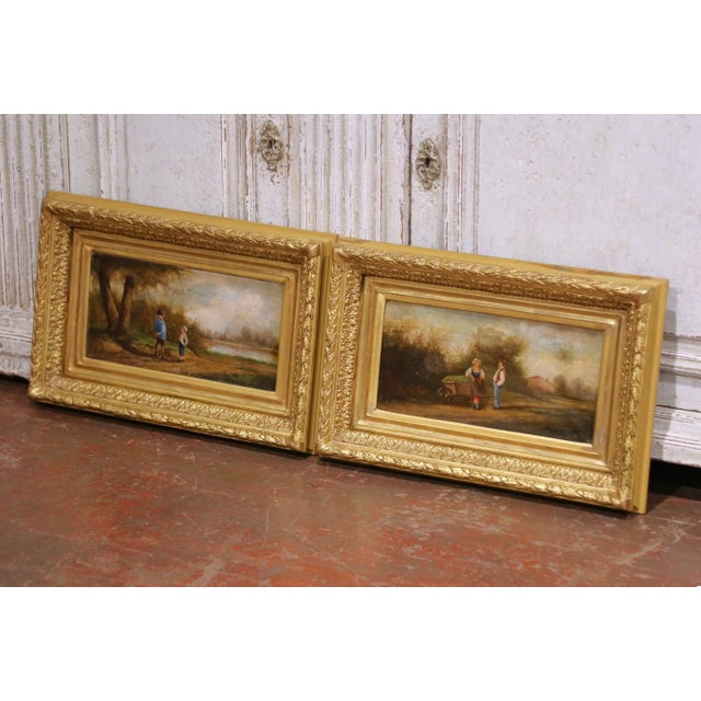 This refined pair of 18th-century French pastoral pendant paintings depicts idyllic rural scenes populated by figures...
