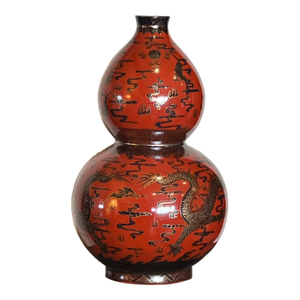 Late 20th Century Jingdezhen Chinese Double Gourd Dragon Vase - Iron Red & Gold - Boxed 12"