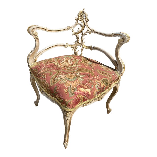 Late 19th Century French Rococo Louis XV Ornately Carved Painted Distressed Corner Captain's Chair For Sale