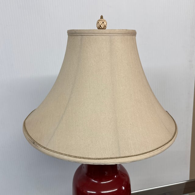 Oxblood Table Lamp With Bell Shade, Asian Influenced For Sale - Image 4 of 11