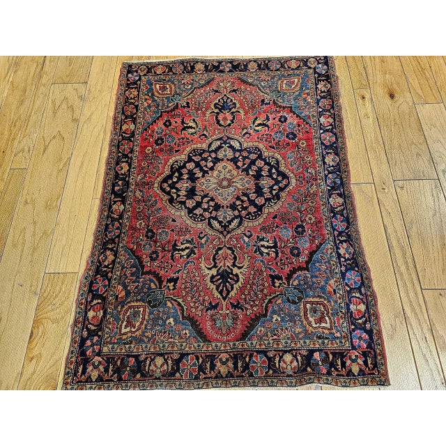 Vintage Persian Sarouk Area Rug, Handwoven Floral Design, Red & Turquoise, 4’ X 5’ For Sale In Chicago - Image 6 of 12
