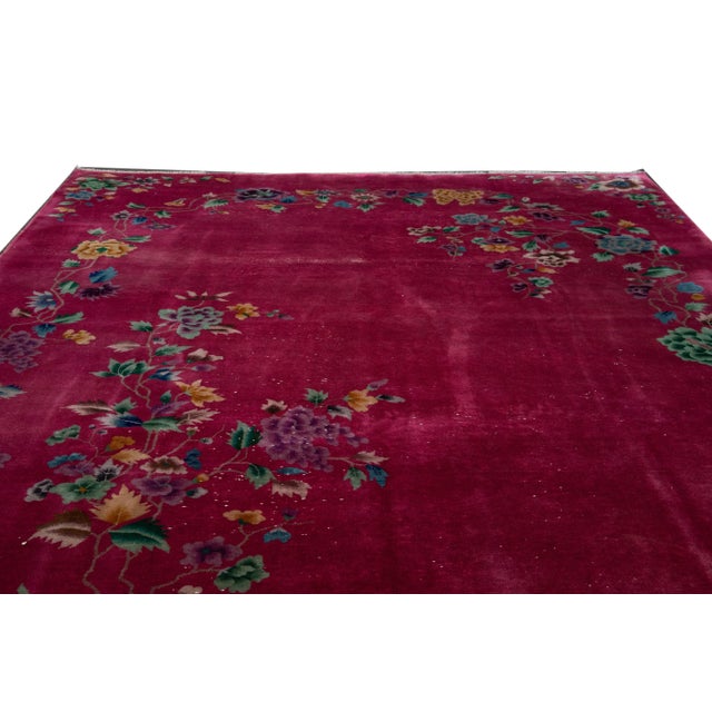 Pink Pink Antique Art Deco Chinese Handmade Floral Wool Rug For Sale - Image 8 of 9