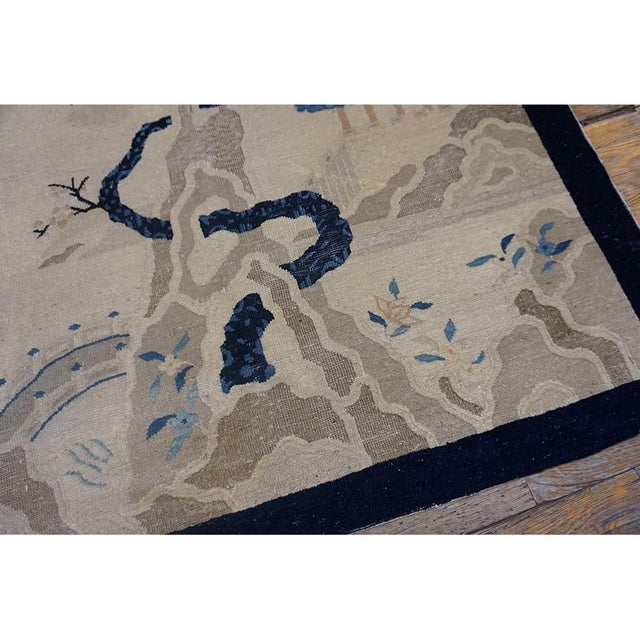 Textile 1930s Antique Ivory Scene Pictorial Birds Wool Chinese Peking Knotted Small Rug For Sale - Image 7 of 9