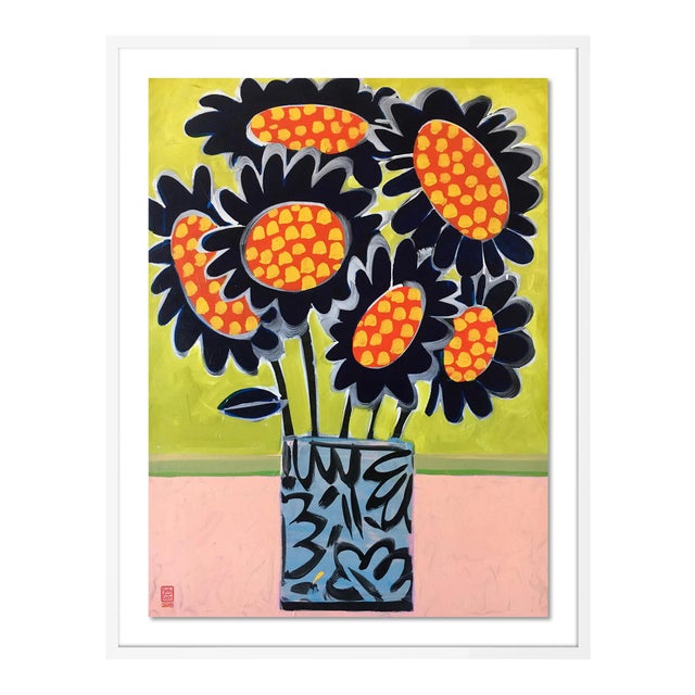 Blue Sunflowers by Jelly Chen in White Framed Paper, Small Art Print For Sale