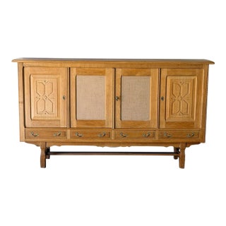 In Style of Henning Kjærnulf Oak Sideboard Credenza With Carved Doors and Four Drawers Danish Mid-Century Modern 1970s For Sale