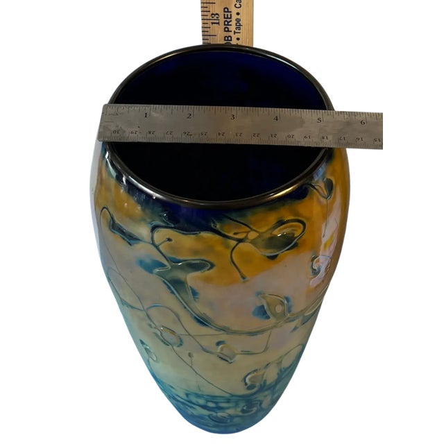 Abstract Textural Art Glass Amber Blue Ovoid Vase For Sale - Image 17 of 17