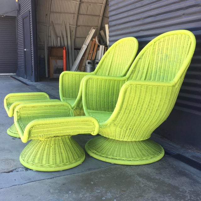 Vintage Lime Green Wicker Swivel Egg Chairs & Ottoman Set Chairish