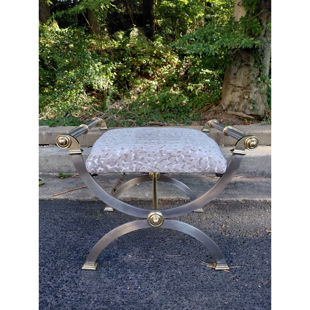 Vintage Hollywood Regency Brass and Nickel Curule Bench in Leopard Velvet For Sale - Image 4 of 4