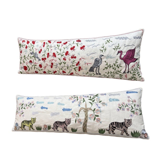 Mid-Century Modern White Tiger Suzani Lumbar Pillow Cover 18'' X 56'' - Set of Two For Sale - Image 3 of 4