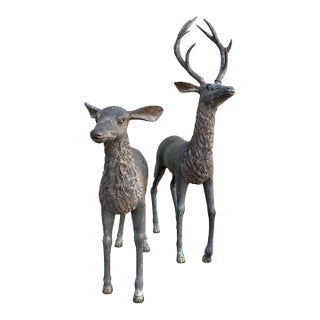 1980s Bronze Stag and Doe Garden Sculptures, Pair For Sale