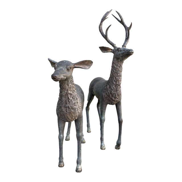 1980s Bronze Stag and Doe Garden Sculptures, Pair For Sale