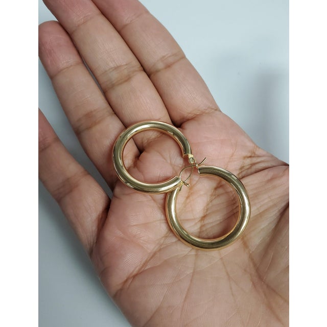 Small Gold Polished Hoops 28mm 14k Yellow Gold, 2 Pieces For Sale - Image 4 of 4