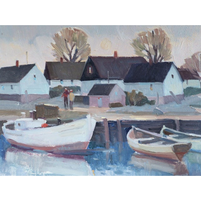 Sky Blue Mid-Century Modern 'Cottages by Quiet Water' Swedish Original Landscape Oil Painting, Framed For Sale - Image 8 of 11