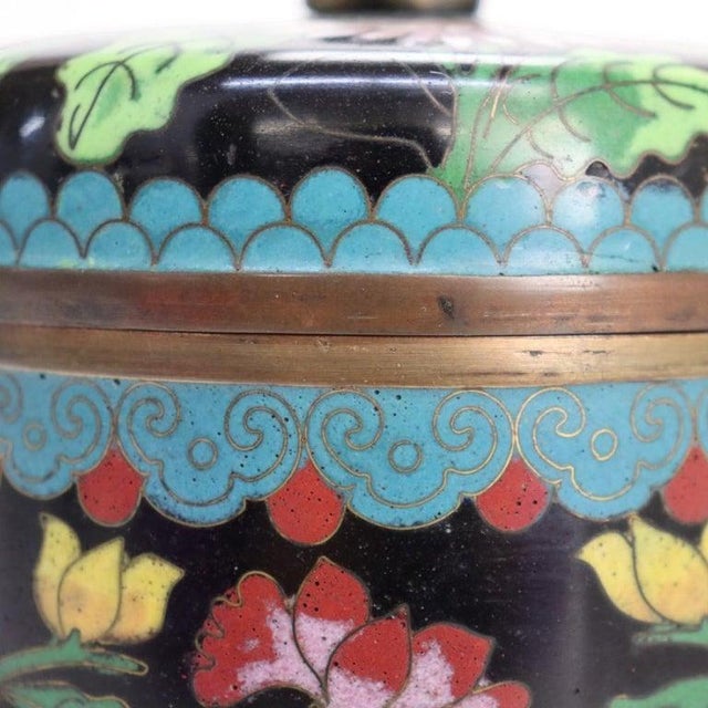 Antique Chinese Floral Cloisonne Enameled Lidded Tea Consister With Foo Dog For Sale - Image 6 of 15