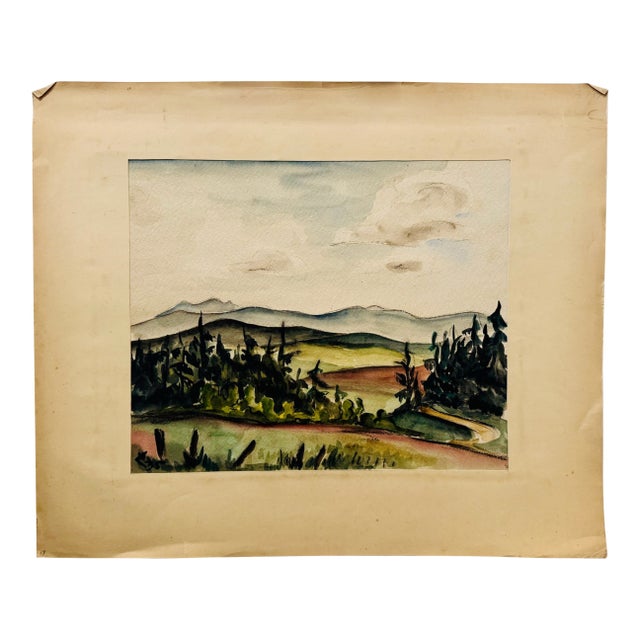 Henry Emil Salloch Original Watercolor on Paper Mountain Valley Meadow With Conifers, 1935. For Sale